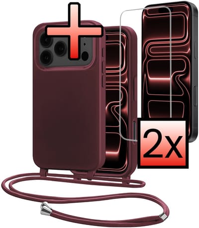 Hoes Geschikt voor iPhone 17 Pro Met Telefoonkoord Met 2x Screenprotector - Siliconen Hoesje Backcover Met Ketting - Aubergine