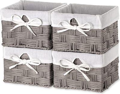 Set van 4 Geweven Opbergmand met linnen Voering, Gevlochten Multifunctionele Organizer Doos van Papieren Touw voor Babykamer, Badkamer, Woonkamer - 18 x 18 x 14 cm, Grijs