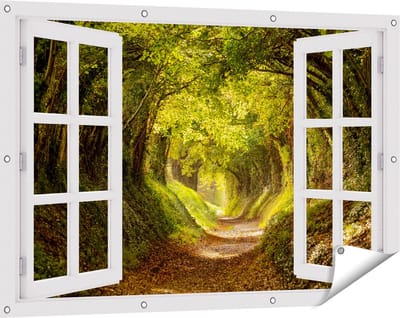 Gards Tuinposter Doorkijk Pad in het Bos met veel Bladeren - 120x80 cm - Tuindoek - Tuindecoratie - Wanddecoratie buiten - Tuinschilderij