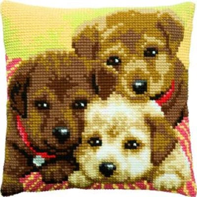 Pako borduurpakket kruissteek kussen - 3 puppy's - geprint stramien - 003.219 - DIY kit