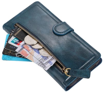 Premium vintage portemonnee hoesje met ritssluiting flip-cover hoes met kaarthoudersleuven Geschikt voor: Samsung Galaxy S24 FE - Blauw