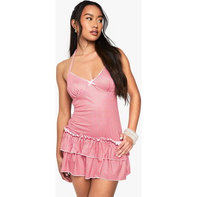 boohoo Dames Gingham Jurk met Bandjes en Laagjes Mini-Jurk | Rood | Maat: 38