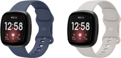 Strap-it Bundel van 2 Siliconen Banden - Geschikt voor Fitbit Versa 3 - Horlogeband / Polsband / Armband / Sportarmband - Siliconen Armband - Lichtbeige & Donkerblauw - Waterbestendig & zweetbestendig