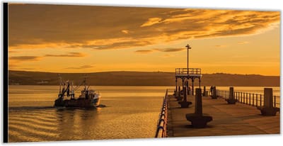 Dibond –Zonsondergang aan het Water met Boot– 200x100 Foto op Aluminium (Wanddecoratie van metaal)