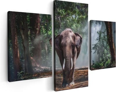 Artaza Canvas Schilderij Drieluik Olifant In Het Bos - 90x60 cm - Wanddecoratie Woonkamer - Schilderijen - Muurdecoratie