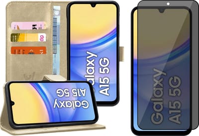 Hoesje geschikt voor Samsung Galaxy A15 - Privacy Screenprotector Volledig Dekkend Glas - Portemonnee Book Case Goud