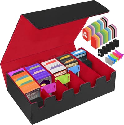 Kaartenbox voor meer dan 3800 verzamelkaarten met 48 scheidingswanden en premium hoesjes, ideaal voor TCG en hobbycollecties, zwart-rood design