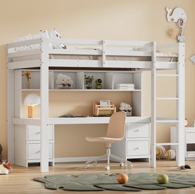 COVREO Hoogslaper 90x200 cm wit, hout en MDF met bureau en opbergruimte