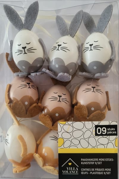 9 grijze en beige Paashangers voor in de paasboom - paaseieren met gezichtjes - paasdecoratie paasei hangers voor Pasen  - paasversiering paashaasjes