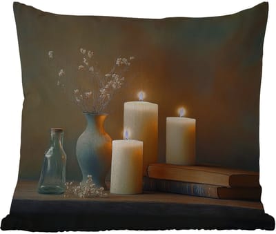 Buitenkussen Weerbestendig - Kaarsen - Stilleven - Rustiek - Boeken - 50x50 cm