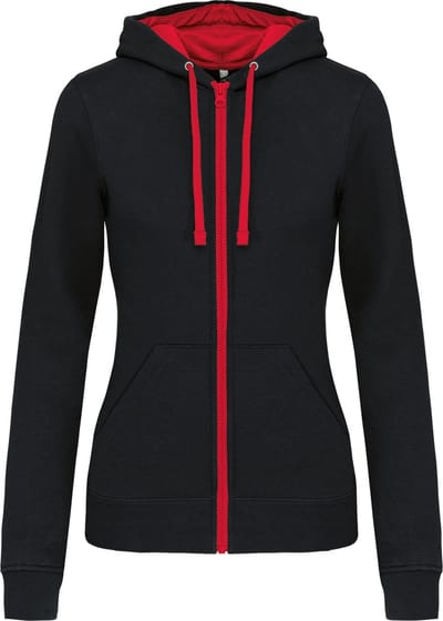 Kariban Damessweater met rits en capuchon in contrasterende kleur K467 - BLACK / RED - S