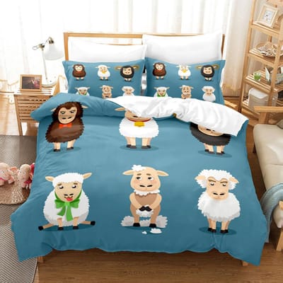 Dieren Dekbedovertrek Set Cartoon Wit Schaap Thema Patroon Kawaii King Queen Twin Full Size Voor Kinderen Tieners Polyester Beddengoed Set EU Single(135*200cm)3pcs