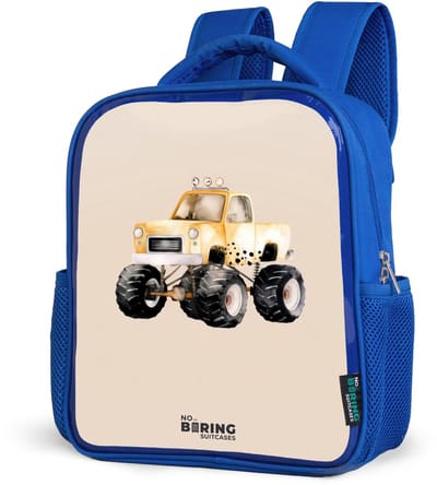 NoBoringSuitcases.com® - Rugzak blauw - Schooltas jongens - Gele monstertruck op een beige achtergrond - Kinder rugtas jongen - Boekentas kind - Kinderrugzak voor school - Schoolrugzak