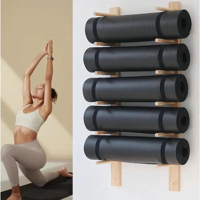 Fitness Opbergrek - Sport Accessoires Houder - Thuis Sportschool Organiseren - Wandmontage Ontwerp - 6 Niveaus - Natuurlijk Hout