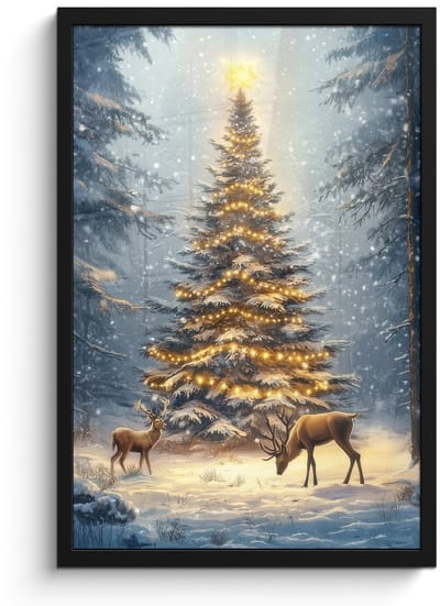 Poster in lijst - Fotolijst 40x60 cm - Posters - Kerstlicht - Woud - Hert - Donker - Posterlijst zwart - Decoratie - Wanddecoratie woonkamer - Muurdecoratie slaapkamer - Kerstversiering - Kerstdecoratie voor binnen - Kerstmis