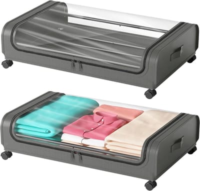 Opbergboxen Onder Bed - Opbergtas Met Wielen - Ruimte Besparen - Stevig Metalen Frame - 2 Stuks 96 Liter - Grijs