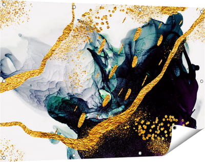 Gards Tuinposter Abstracte Kunst - Zwart Wit met Gouden Strepen - 120x80 cm - Tuindoek - Tuindecoratie - Wanddecoratie buiten - Tuinschilderij