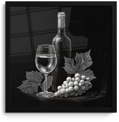 Poster in lijst - Fotolijst 40x40 cm - Posters - Wijnfles - Glas - Druiven - Bladeren - Posterlijst zwart - Decoratie - Wanddecoratie woonkamer - Muurdecoratie slaapkamer