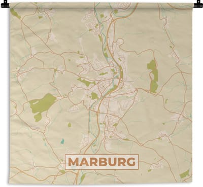 Wandkleed - Wanddoek - Marburg - Vintage - Plattegrond - Kaart - Stadskaart - 180x180 cm - Wandtapijt