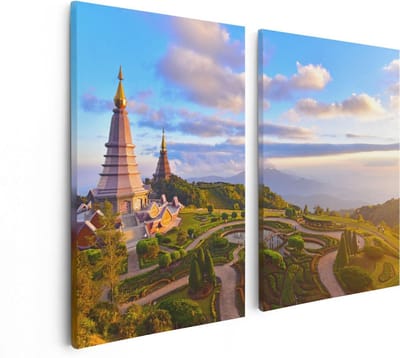 Artaza Canvas Schilderij Tweeluik Pagode Tempels in de Inthanon Berg in Thailand - 80x60 - Foto Op Canvas - Canvas Print