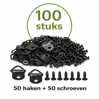 100 Stuks Fotolijst Hangers Zwart (50 Haken + 50 Schroeven) – Metalen Driehoekige Ophanghaken – 1x2,2 cm – Wandhaak voor Schilderijen & Decoratie