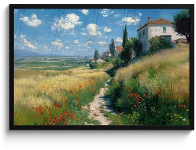 Poster in lijst - Fotolijst 90x60 cm - Posters - Zandpad - Huis - Bomen - Grasveld - Posterlijst zwart - Decoratie - Wanddecoratie woonkamer - Muurdecoratie slaapkamer