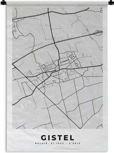 Wandkleed - Wanddoek - Stadskaart – Plattegrond – België – Zwart Wit – Gistel – Kaart - 120x180 cm - Wandtapijt