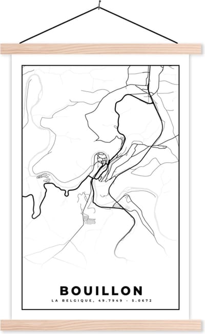 Posterhanger incl. Poster 40x60 cm - Schoolplaat - België – Bouillon – Stadskaart – Kaart – Zwart Wit – Plattegrond - Textielposter - Blanke latten - Stadskaart