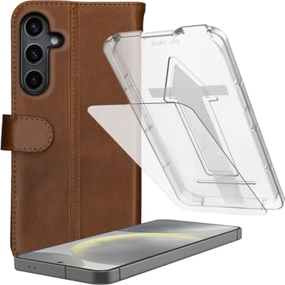 Rosso Deluxe Hoesje + 9H Tempered Glass Geschikt voor Samsung Galaxy S24 – Echt Leer Book Case met Pasjeshouder Bruin + Fingerprint Friendly Screen Protector met Installatietray