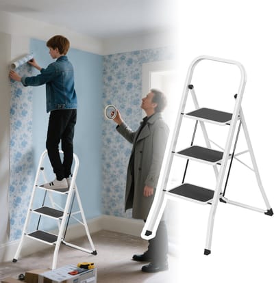 Froadp 3-treden metalen ladder, opvouwbare ladder, opstapje, antislip trapladder, multifunctionele ladder, opvouwbaar opstapje, opstapladder, sta-ladder tot 150 kg, zwart-wit