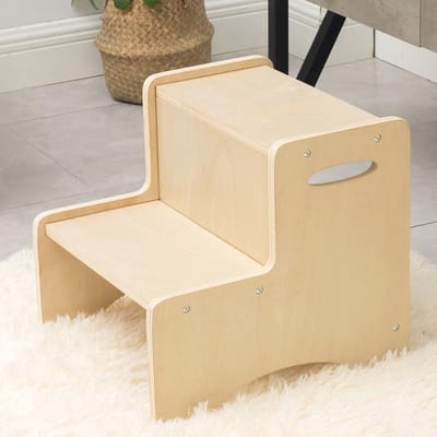 Opstapkruk van Natuurlijk Hout met 2 Treden, Handgrepen en Antislip Pads - Ideaal voor Badkamer en Keuken