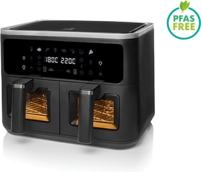 FRITEL Airfryer SnackTastic® 8480 DUO – Dubbele Airfryer met 2 Manden – Heteluchtfriteuse 2x4,5L – 2400W – Voor 2-9 Personen – Digitaal Touchscreen – Airfryer met Kijkvenster – Sync Finish – 8 Programma’s – PFAS-vrij – Zwart