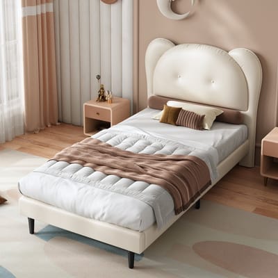 SINGULARITY-Gestoffeerd bed 90x200cm- eenpersoonsbed- kinderbed- schattig hoofdbord in de vorm van een dier- PU- ​​beige- zonder matras