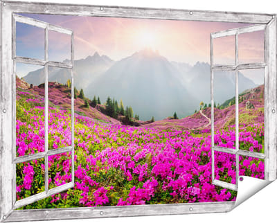 Gards Tuinposter Doorkijk Rhododendron Bloemenveld in de Alpen - 150x100 cm - Tuindoek - Tuindecoratie - Wanddecoratie buiten - Tuinschilderij