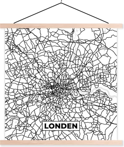Posterhanger incl. Poster 40x40 cm - Schoolplaat - Londen - Stadskaart - Plattegrond - Zwart Wit - Kaart - Textielposter - Blanke latten - Stadskaart