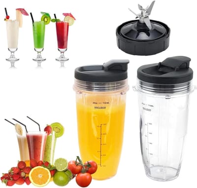 OIMG 24OZ Vervangende onderdelen voor blender - Geschikt voor Ninja - 24 oz beker 710ml - met 7 Vinnen B s & Afdichtdeksel - Geschikt voor Nutri Ninja BL480 BL482 BL642 NN102 BL682 - 2 bekers, 2 deksels, 1 basis(zwart)