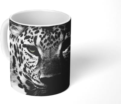 Mok - Koffiemok - Dieren - Zwart - Wit - Panter - Portret - Mokken - 350 ML - Beker - Koffiemokken - Theemok