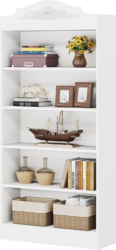 TRIBESIGNS - Boekenkast - Gebogen boekenkast met 5 Planken - Modern - Kasten Spaanplaat - Wit - 80 x 30 x 190 cm
