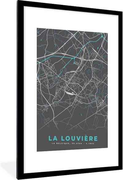 Fotolijst incl. Poster - Plattegrond – La Louvière – Blauw – Stadskaart - Kaart - 60x90 cm - Posterlijst