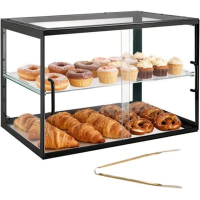 VEVOR 2-Laags Gebaksvitrine, Commerciële Bakkerijvitrine van Transparant Acryl, Toonbankvitrine met Schuifdeur en Verwijderbare Tussenschotten voor Koekjes, Desserts en Donuts, 550 X 385 X 390 mm Zwart
