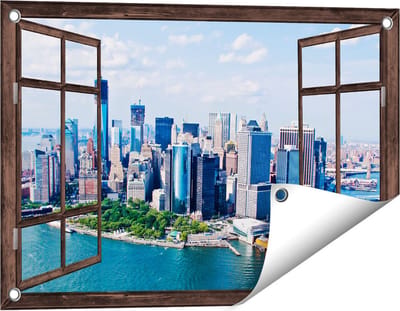 Gards Tuinposter Doorkijk New York Als een Eiland vanuit de Lucht - 60x40 cm - Tuindoek - Tuindecoratie - Wanddecoratie buiten - Tuinschilderij