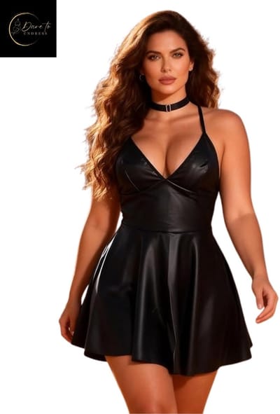Latex Wetlook Sexy Jurkje – Lingerie Erotisch – Zwart – Lingerie Setje – Luxe Lingerieset – Leren PU Lingerie Jurkje – Leatherlook – Verleidelijk & Mysterieus – Inclusief Chocker – Kinky – BDSM – Festival Outfit – Clubwear – Wasteland – S, M, L, XL