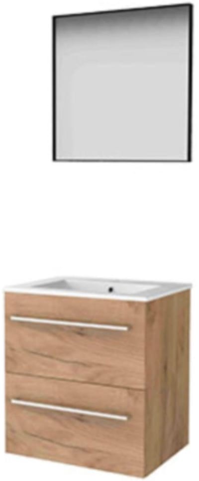 Basic-Line Framed 46 Badkamermeubelset - 60 x 46 cm - Met Grepen - 2 Lades - Keramische Wastafel - 1 Kraangat - Spiegel met Zwart Aluminium Frame - Whisky Oak