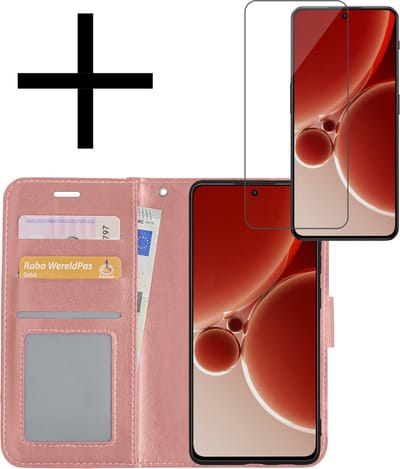 Hoesje - Met Screenprotector - Geschikt voor OnePlus Nord 3 - Luxe Pasjeshouder - Bookcase Portemonee - Flip Case - Kunstleer Book Case - Flipcase - Book Cover - Walletcase - Portemonneehoes - Rosé goud