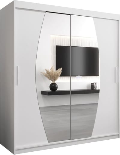 InspireMe - Kledingkast met 2 schuifdeuren, Modern-stijl, Een kledingkast met planken en een spiegel (BxHxD): 180x200x62 - GLOBE 180 Wit Mat