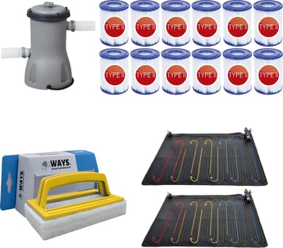 WAYS - Zwembad Onderhoud - 2x Solarmat & Filterpomp 2006 L/h & 12 Filters Type II & WAYS Scrubborstel
