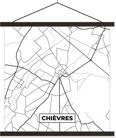 Posterhanger incl. Poster 60x60 cm - Schoolplaat - Zwart Wit – België – Plattegrond – Stadskaart – Kaart – Chièvres - Textielposter - Zwarte latten - Stadskaart