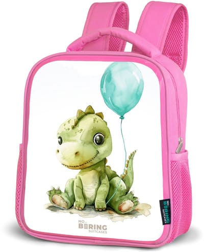 NoBoringSuitcases.com® - Rugzak roze - Schooltas meisjes - Dino met blauwe ballon - Kinder rugtas meisje - Boekentas kind - Kinderrugzak voor school - Schoolrugzak