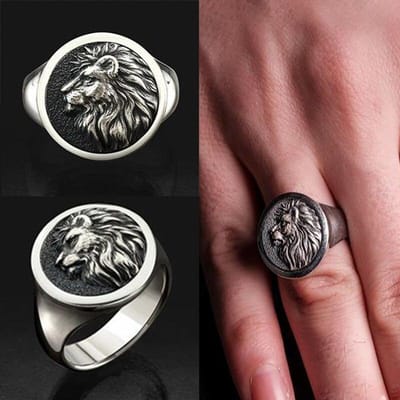 Punkboy Bague Tête de Roi Lion Populaire pour Hommes Couleur Argent Forme Ronde Craved Dominateur Animal Métal Fête Bijoux à la Main 12 brown