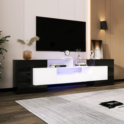 Wishdor - Tv-Meubel - Met Led-Verlichting - 4 Deuren En 2 Lades - Hoogglans - Spaanplaat En MDF - Zwart En Wit - 200 X 35 X 60 Cm